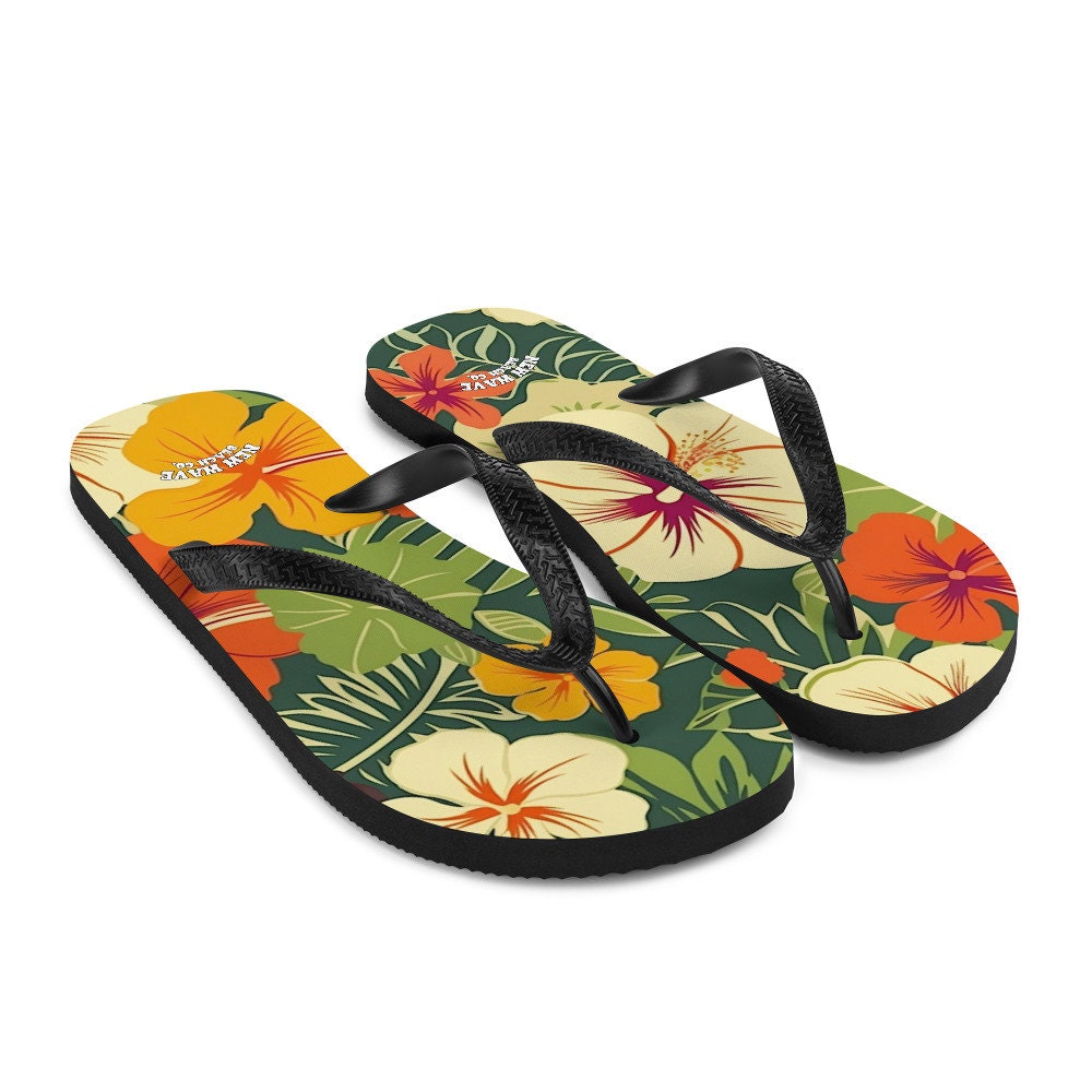 hippieartzone - Vintage Tropical Hawaiian Flower Flip Flops Exotic Comfortable Footwear Thong Sandals Summer Woman Men Beach Print Rubber Slip On Shoes