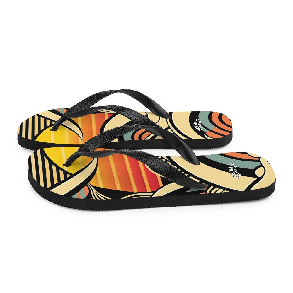 hippieartzone - Abstract Retro Cartoon Sunset Beach Flip Flops Colorful 