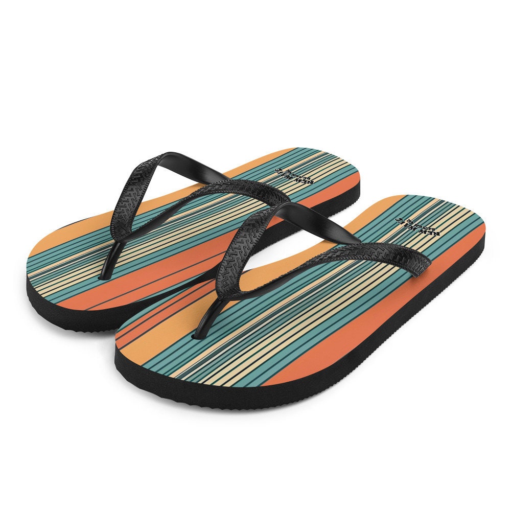 hippieartzone - Mikey P’s Orange Blue Retro Striped Flip Flops Colorful 