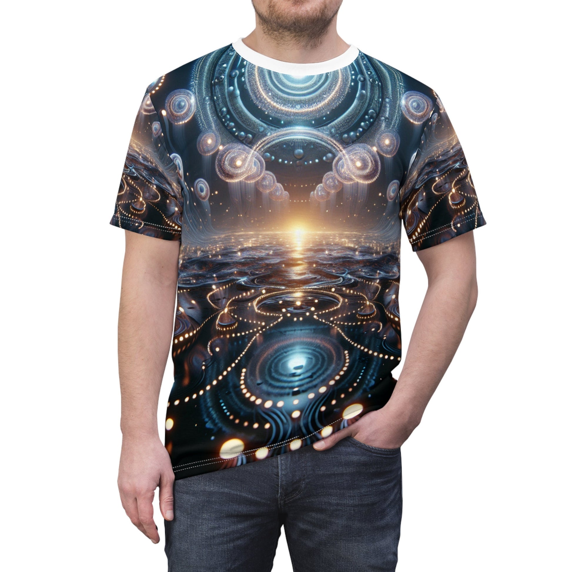 hippieartzone - Bioluminescent Cyberpunk Universe T-Shirt - Ethereal Orbs Symmetrical Patterns - High-Resolution Photorealistic Design - 3D