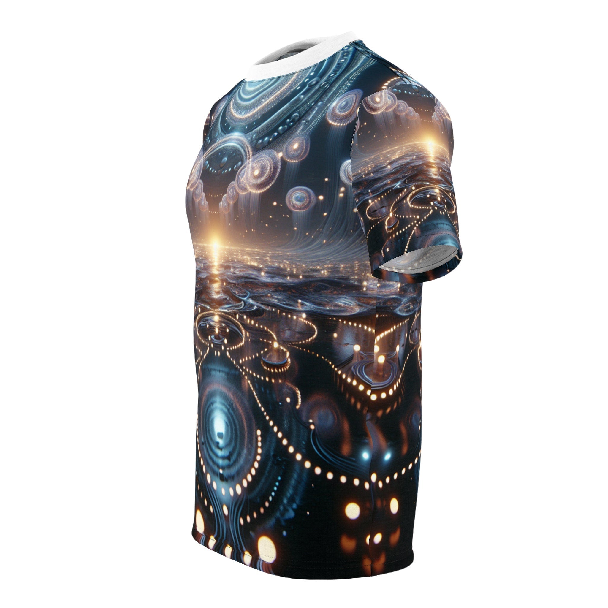 hippieartzone - Bioluminescent Cyberpunk Universe T-Shirt - Ethereal Orbs Symmetrical Patterns - High-Resolution Photorealistic Design - 3D