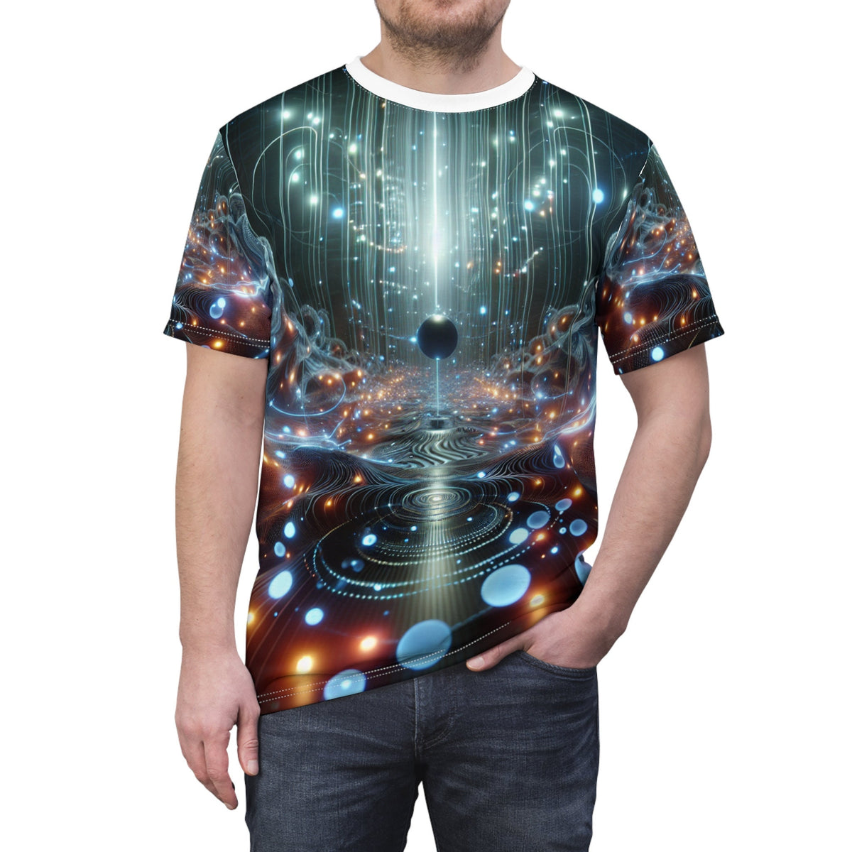 hippieartzone - Ethereal Orbs Cyberpunk T-Shirt - Bioluminescent Symmetry in a Surreal Universe - High-Resolution Photorealistic Design