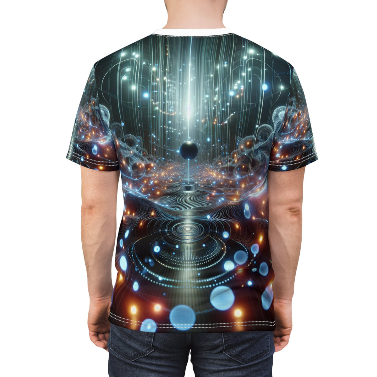 hippieartzone - Ethereal Orbs Cyberpunk T-Shirt - Bioluminescent Symmetry in a Surreal Universe - High-Resolution Photorealistic Design