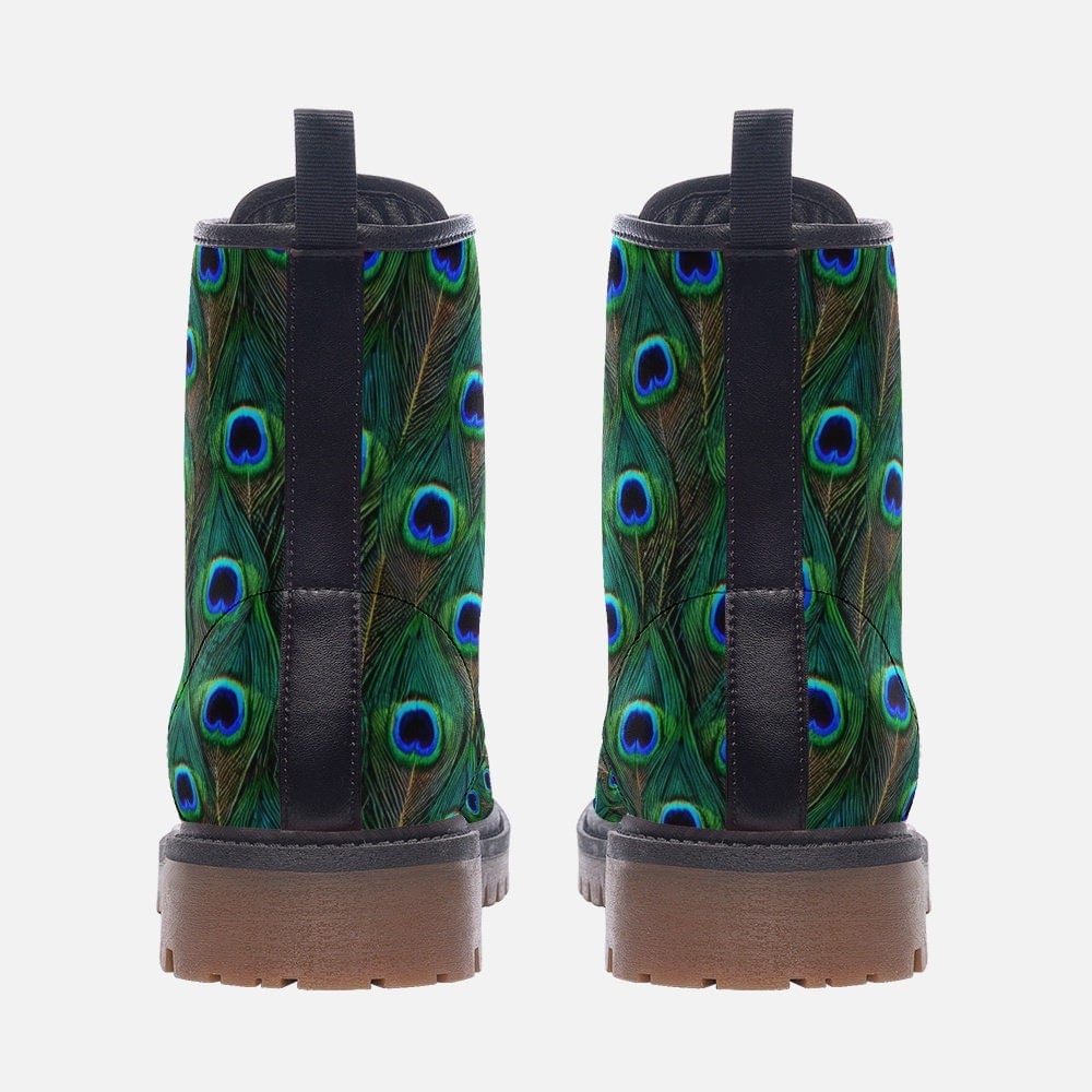 Hippie Art Zone - Peacock Feathers Vegan Leather Boots Gorgeous Bright Blues And Greens