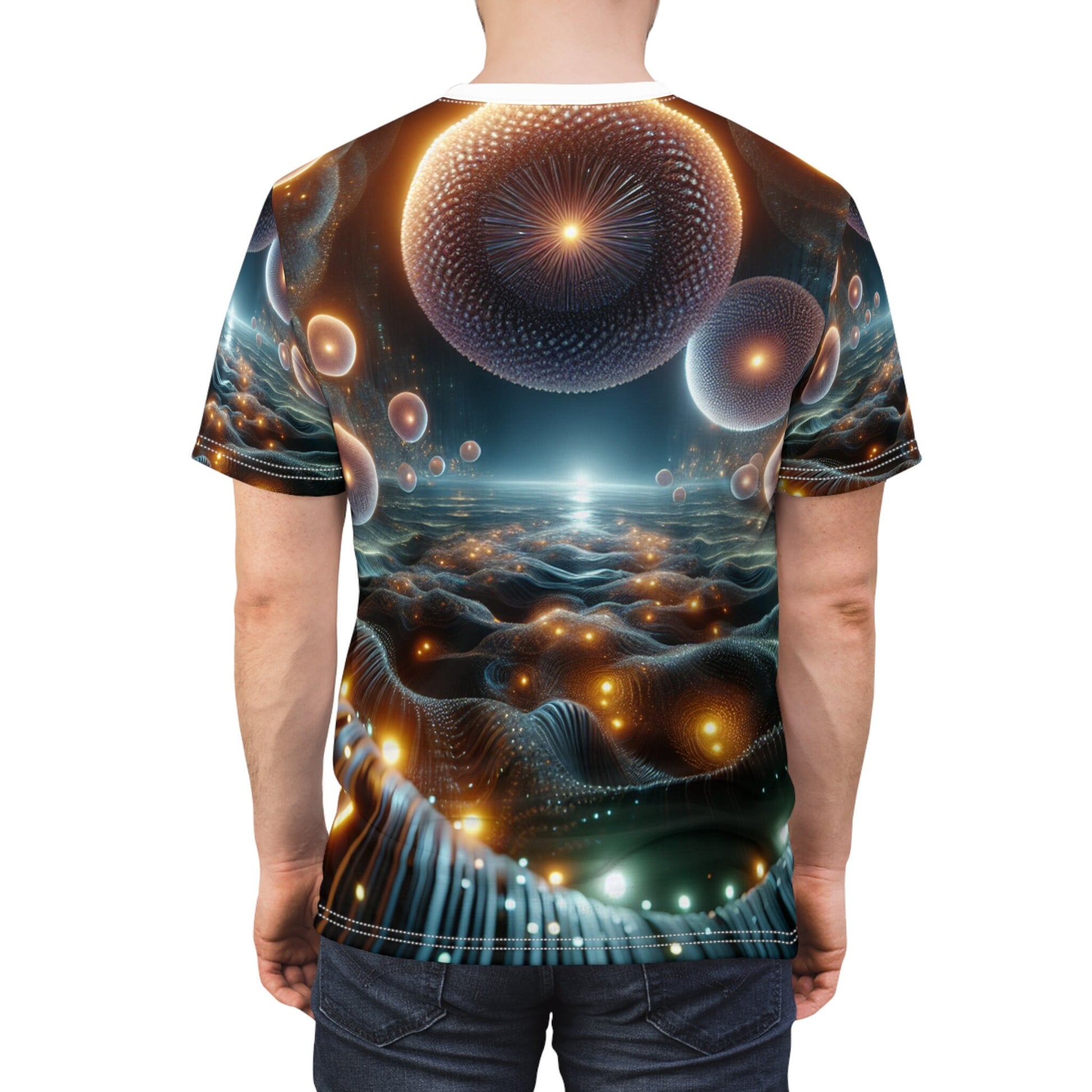 hippieartzone - Luminous Ethereal Orb Cyberpunk T-Shirt: Surreal Universe Symmetry, Photorealistic 3D Render, Intricate Detail