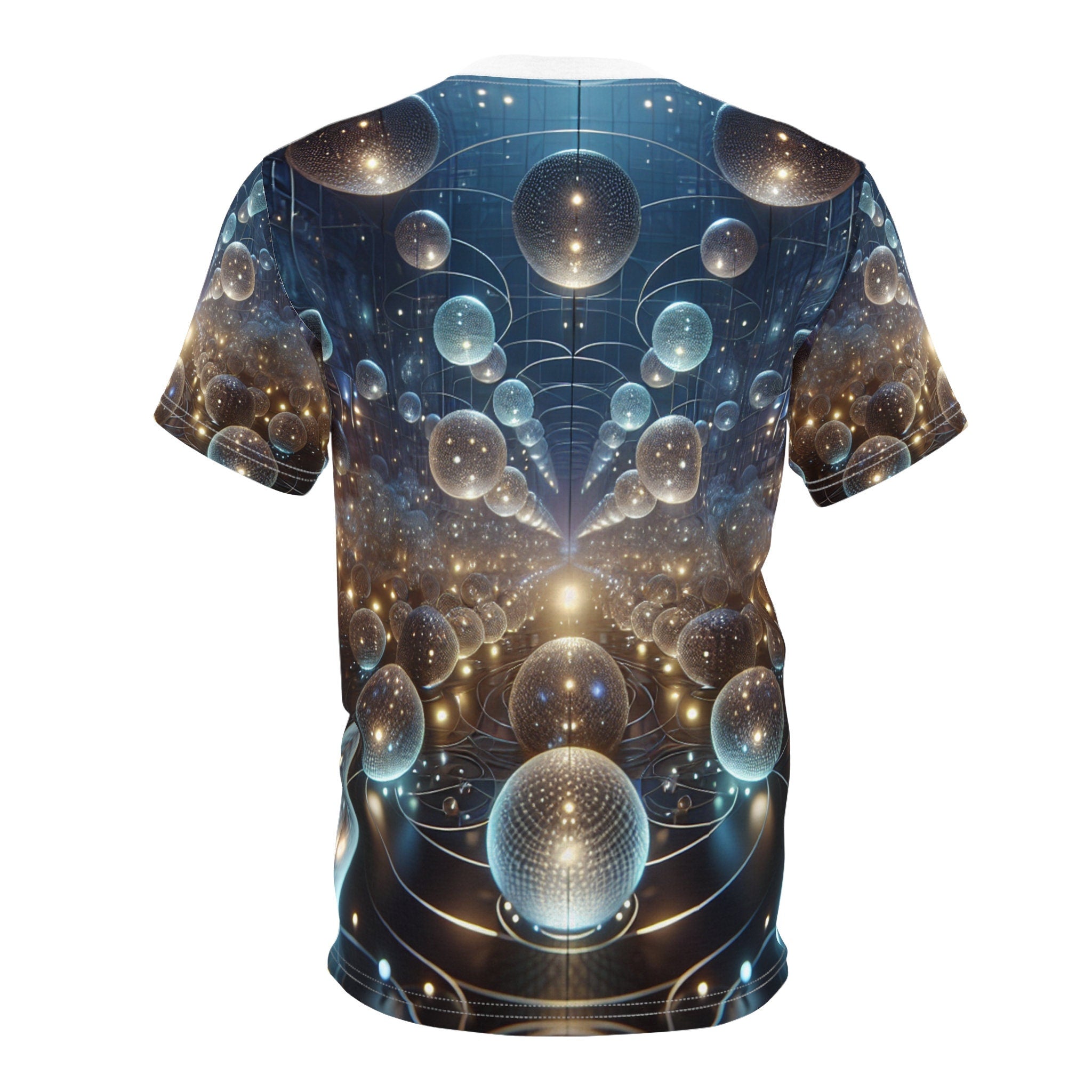 hippieartzone - Glowing Orbs of the Cyberpunk Cosmos T-Shirt: Ethereal Symmetry, High-Definition Photorealism, 3D Render