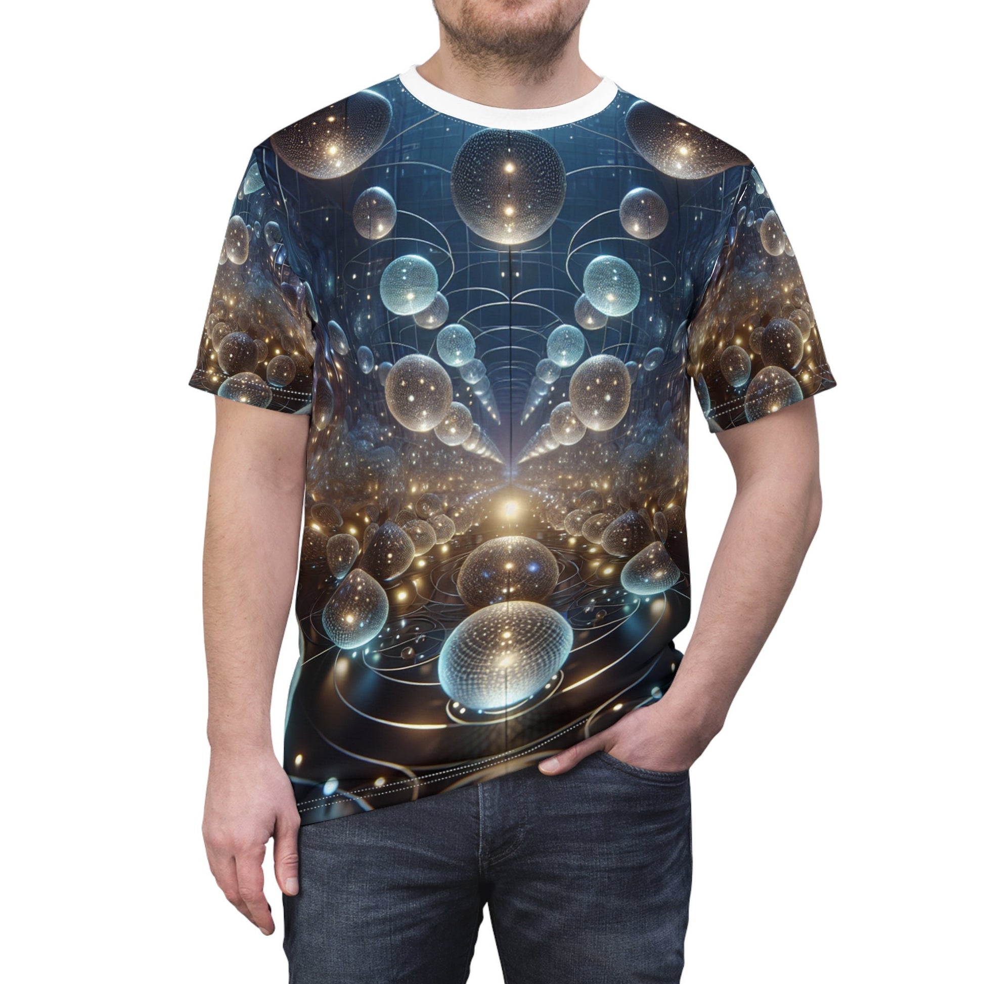 hippieartzone - Glowing Orbs of the Cyberpunk Cosmos T-Shirt: Ethereal Symmetry, High-Definition Photorealism, 3D Render