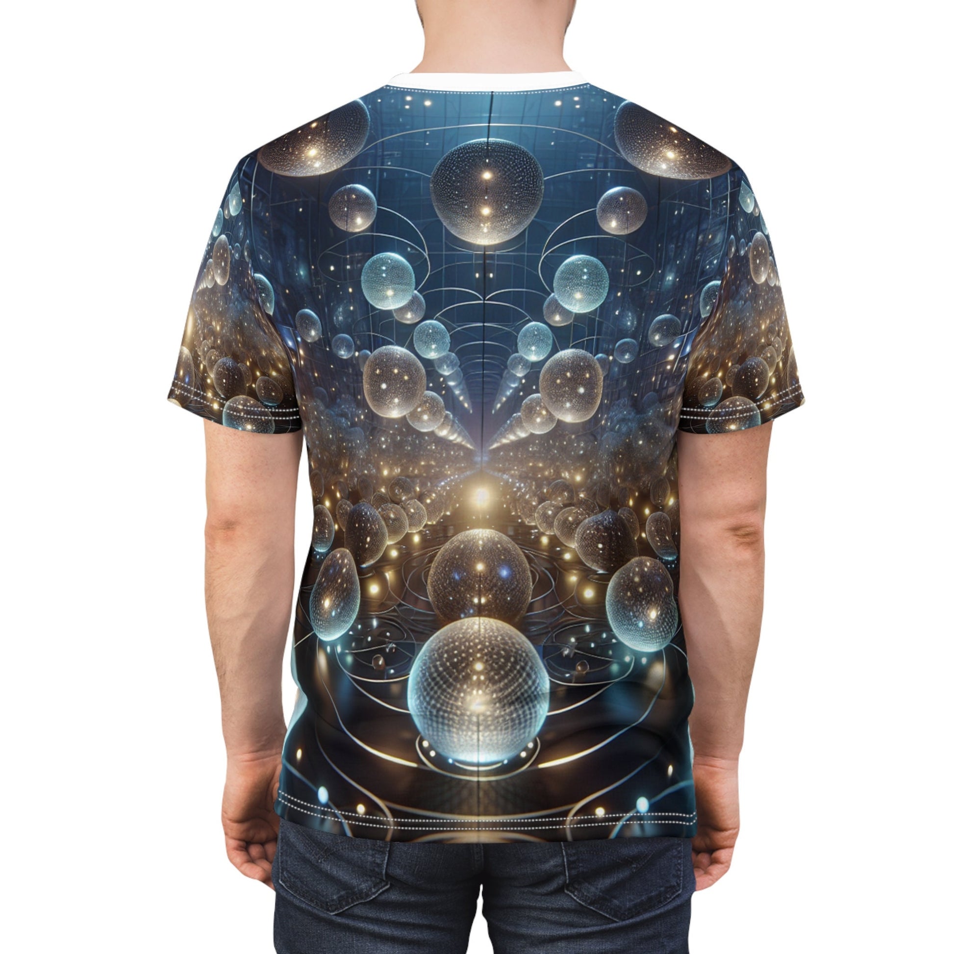 hippieartzone - Glowing Orbs of the Cyberpunk Cosmos T-Shirt: Ethereal Symmetry, High-Definition Photorealism, 3D Render