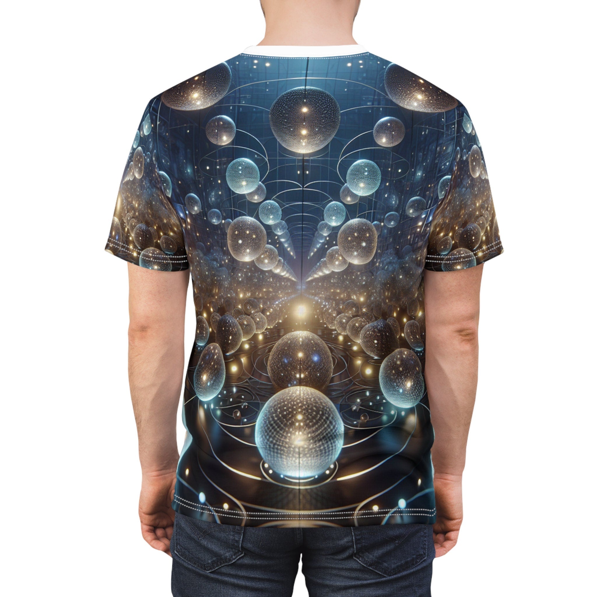 hippieartzone - Glowing Orbs of the Cyberpunk Cosmos T-Shirt: Ethereal Symmetry, High-Definition Photorealism, 3D Render