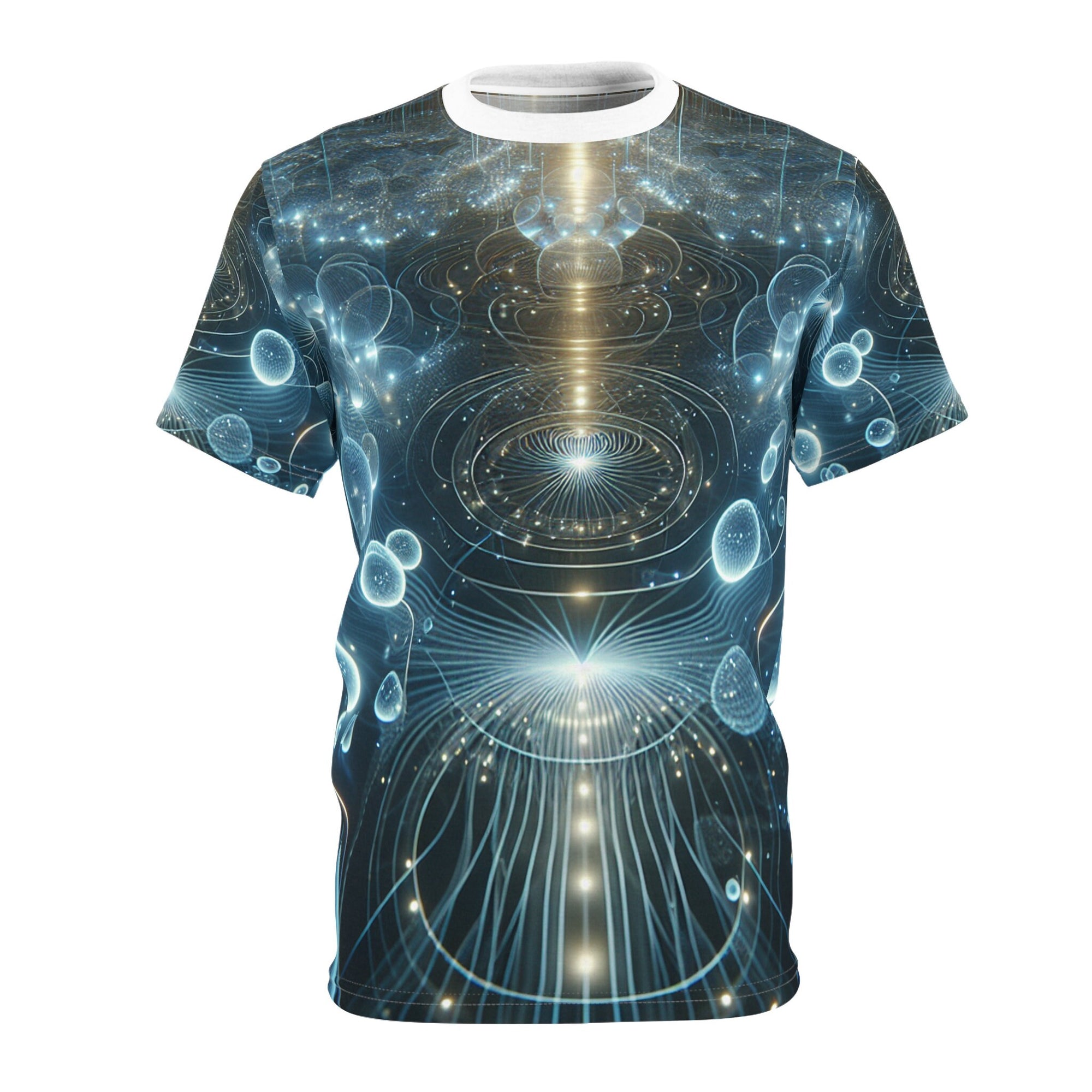 hippieartzone - Bioluminescent Ethereal Orbs Cyberpunk Universe T-Shirt - Surreal, Symmetrical Patterns, Photorealistic Design, High-Resolution