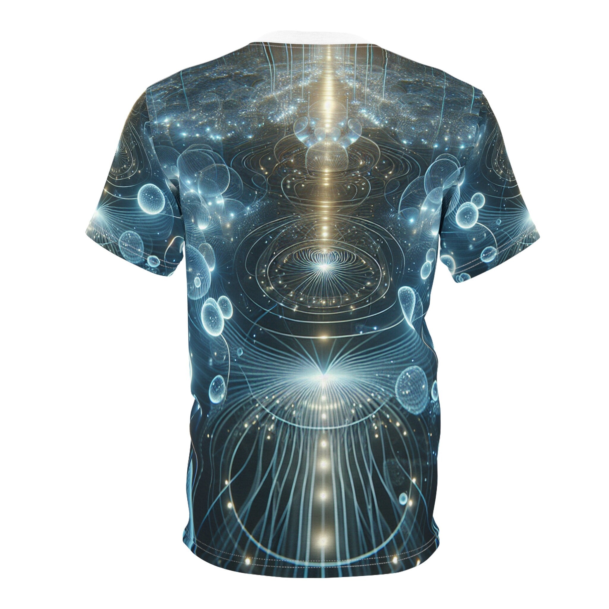 hippieartzone - Bioluminescent Ethereal Orbs Cyberpunk Universe T-Shirt - Surreal, Symmetrical Patterns, Photorealistic Design, High-Resolution