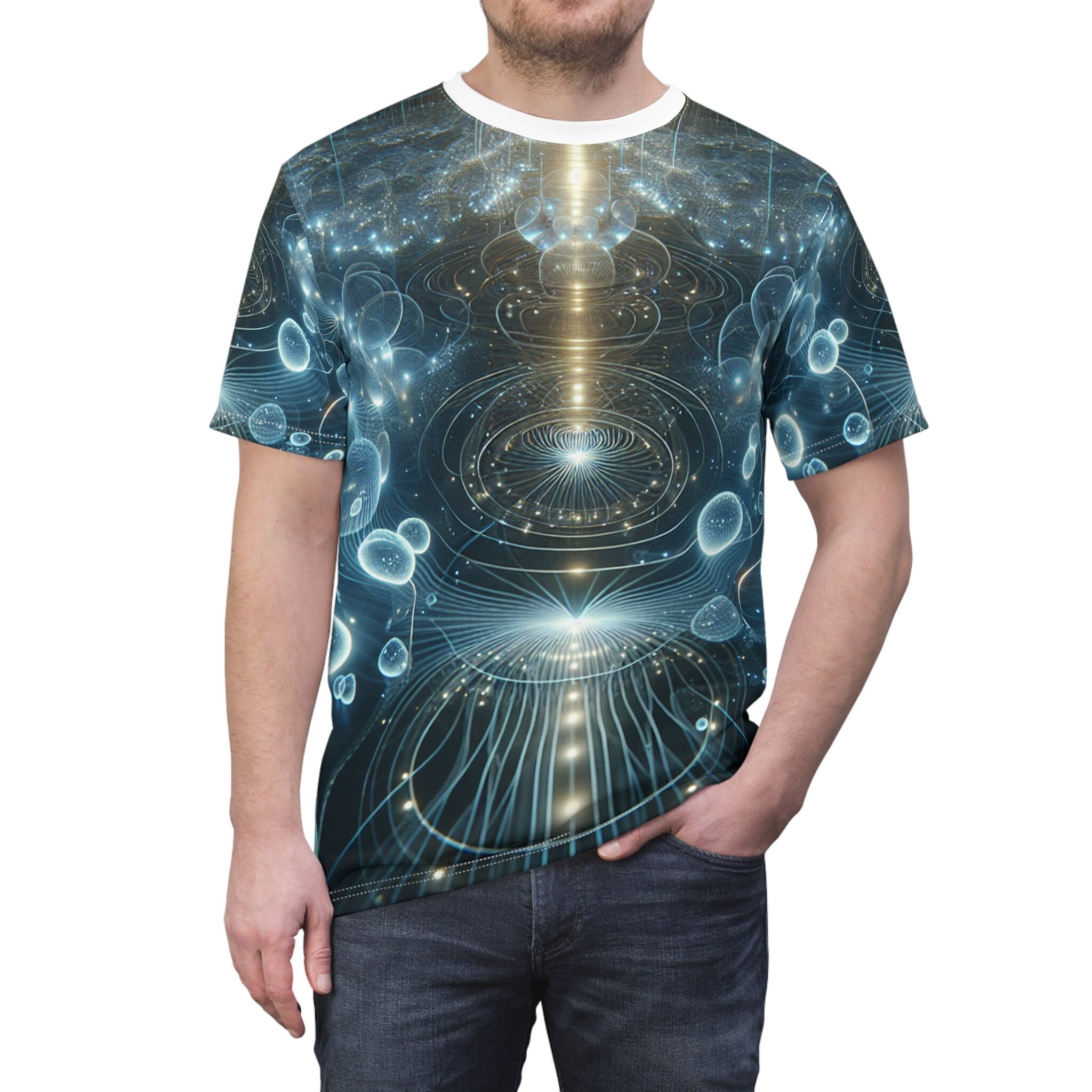 hippieartzone - Bioluminescent Ethereal Orbs Cyberpunk Universe T-Shirt - Surreal, Symmetrical Patterns, Photorealistic Design, High-Resolution