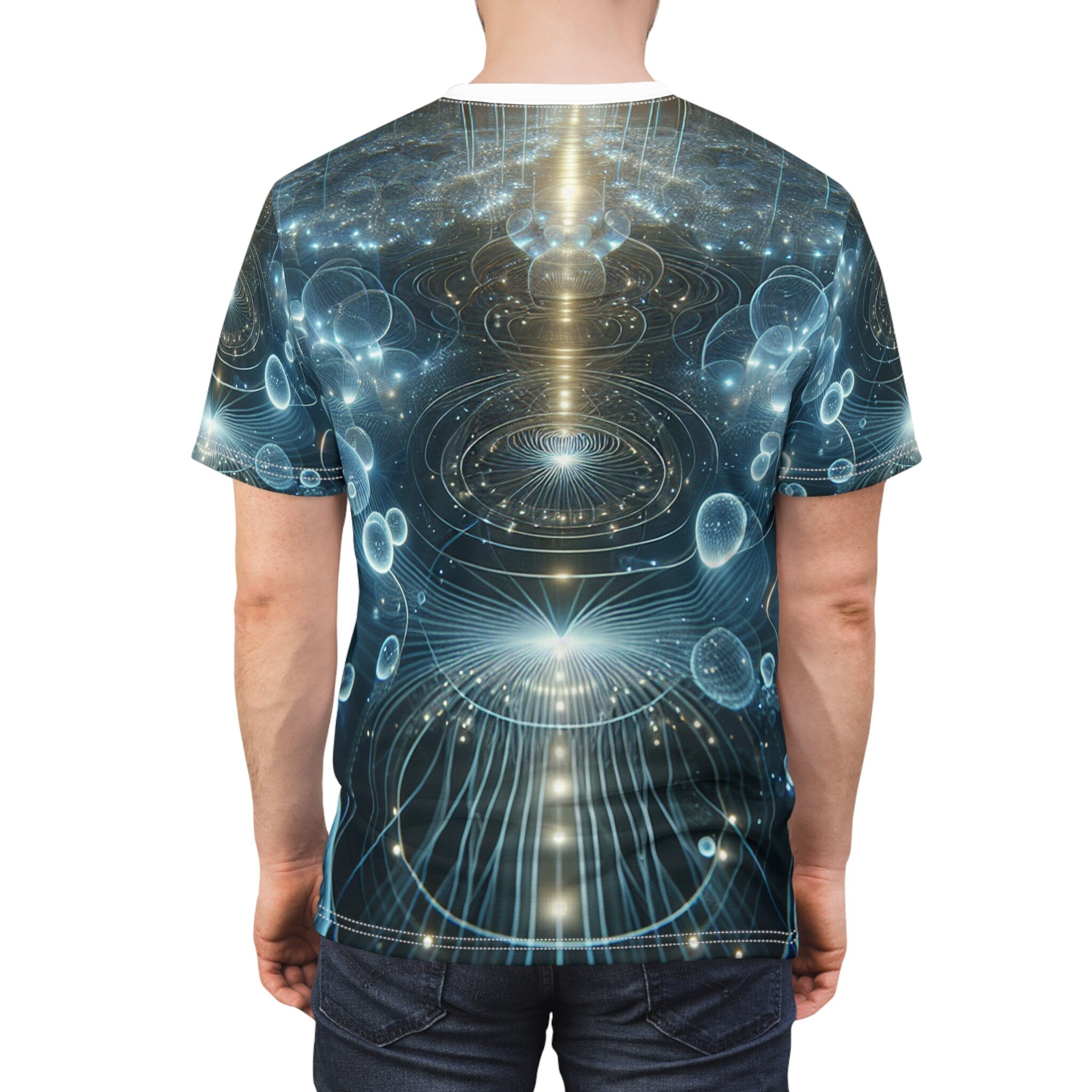 hippieartzone - Bioluminescent Ethereal Orbs Cyberpunk Universe T-Shirt - Surreal, Symmetrical Patterns, Photorealistic Design, High-Resolution