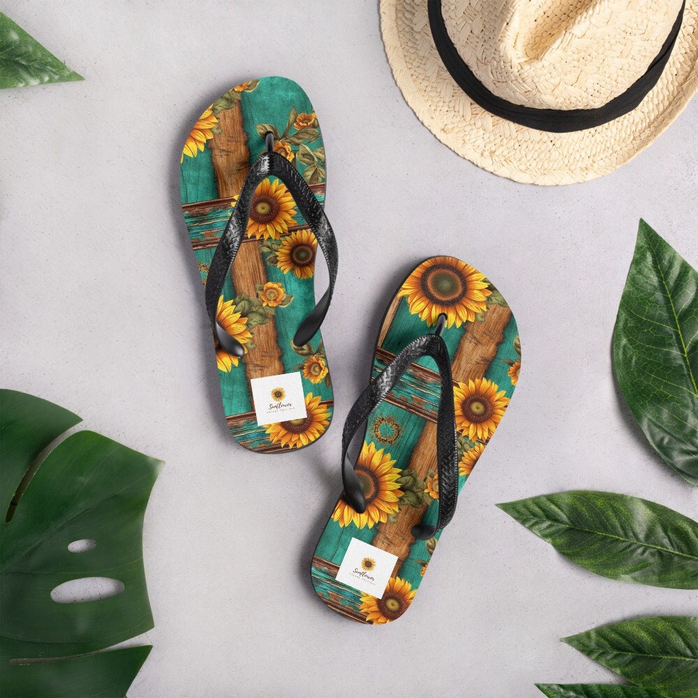 hippieartzone - Turquoise and Sunflowers Flip-Flops