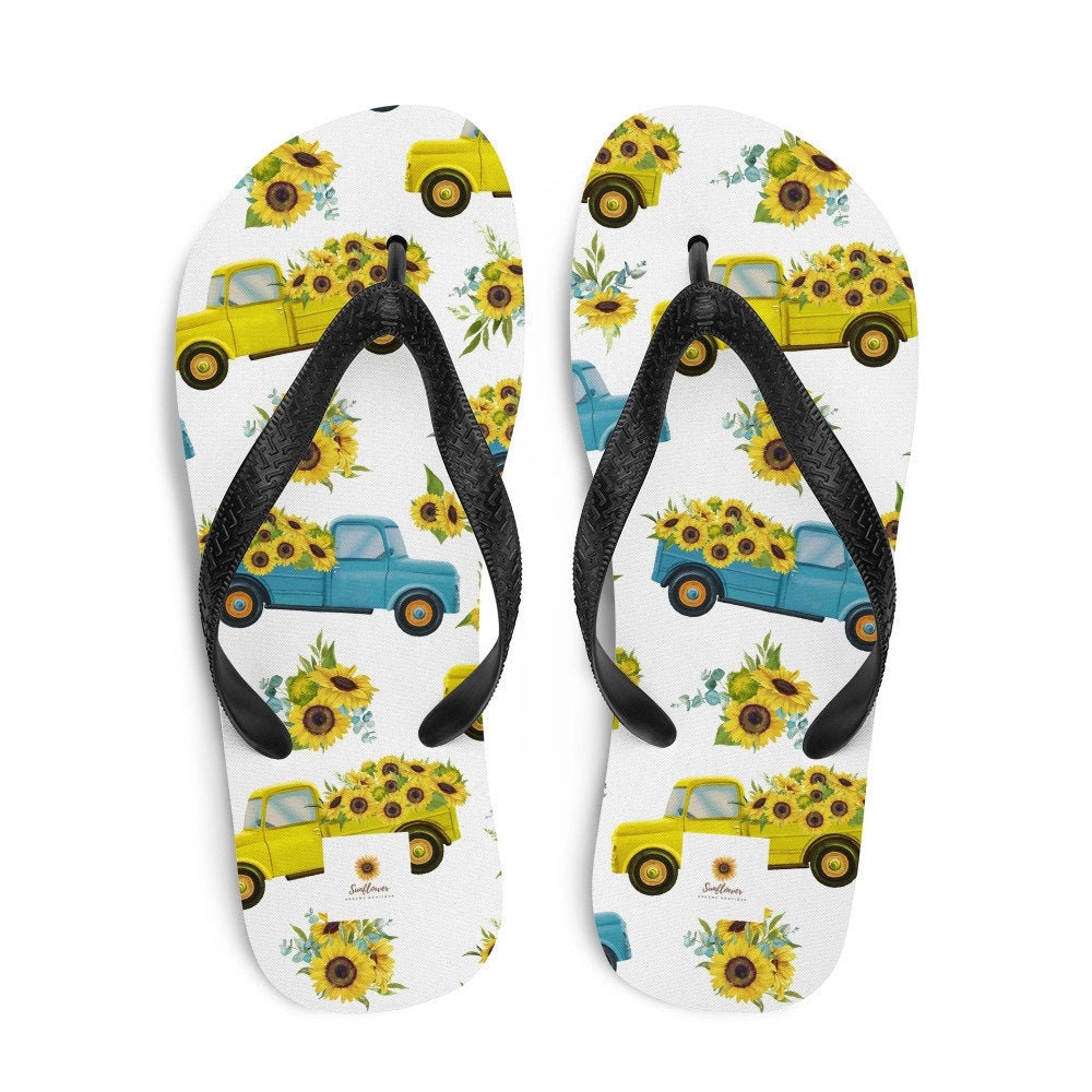hippieartzone - Vintage Truck with Sunflowers Flip-Flops