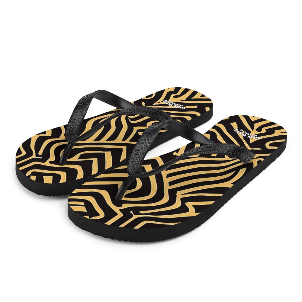 hippieartzone - Art Deco Animal Print Brown Black Flip Flops Footwear Thong Sandals Summer Woman Men Beach Print Rubber Slip On Shoes