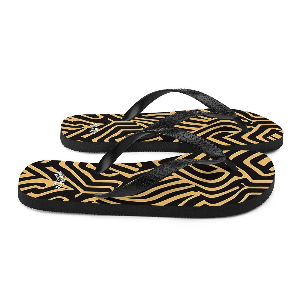 hippieartzone - Art Deco Animal Print Brown Black Flip Flops Footwear Thong Sandals Summer Woman Men Beach Print Rubber Slip On Shoes