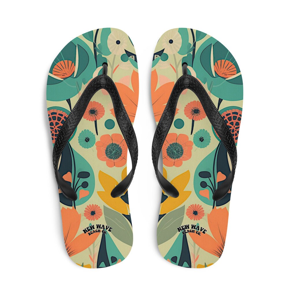 hippieartzone - Blue Orange Retro Vintage Spring Flowers Flip Flops Colorful 