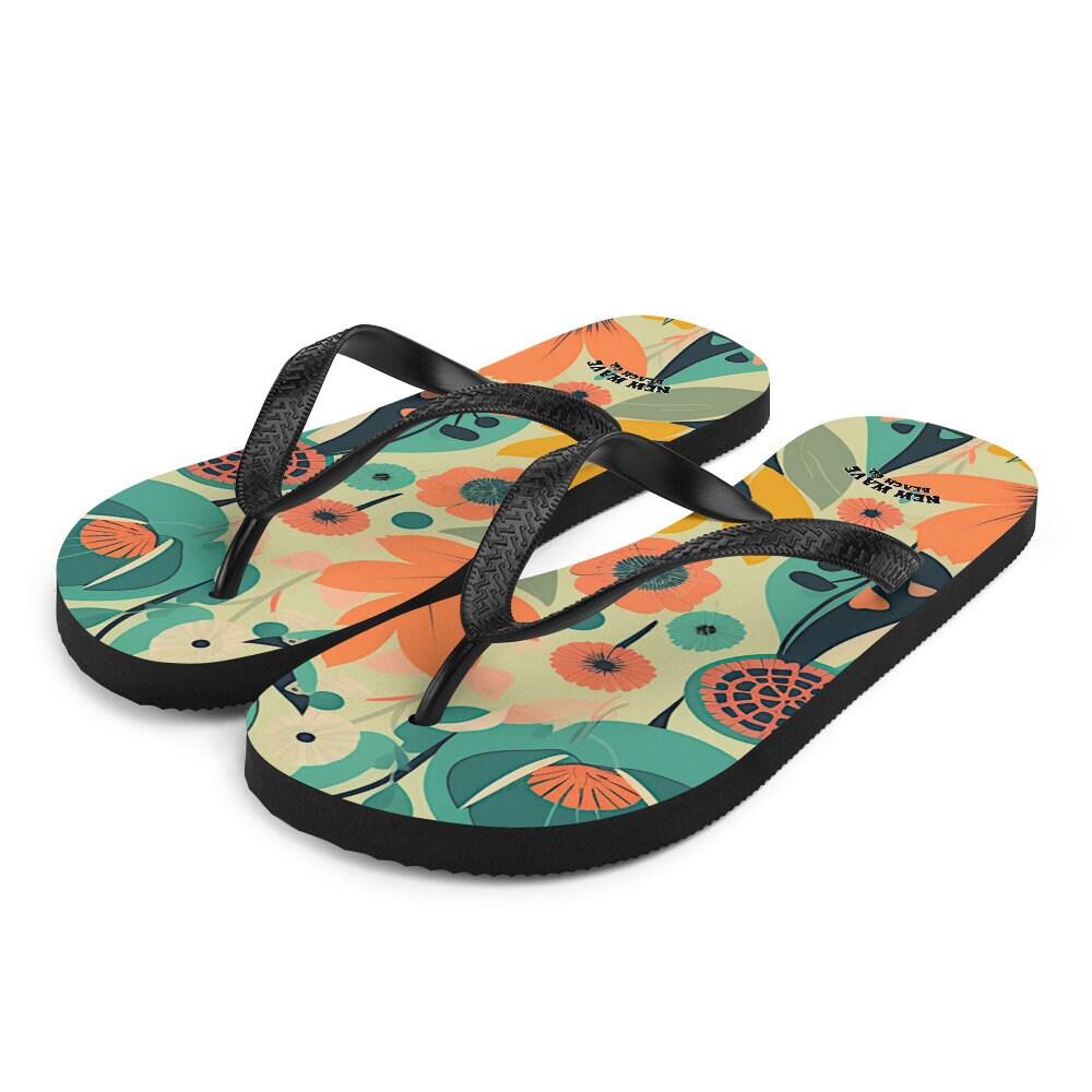 hippieartzone - Blue Orange Retro Vintage Spring Flowers Flip Flops Colorful 