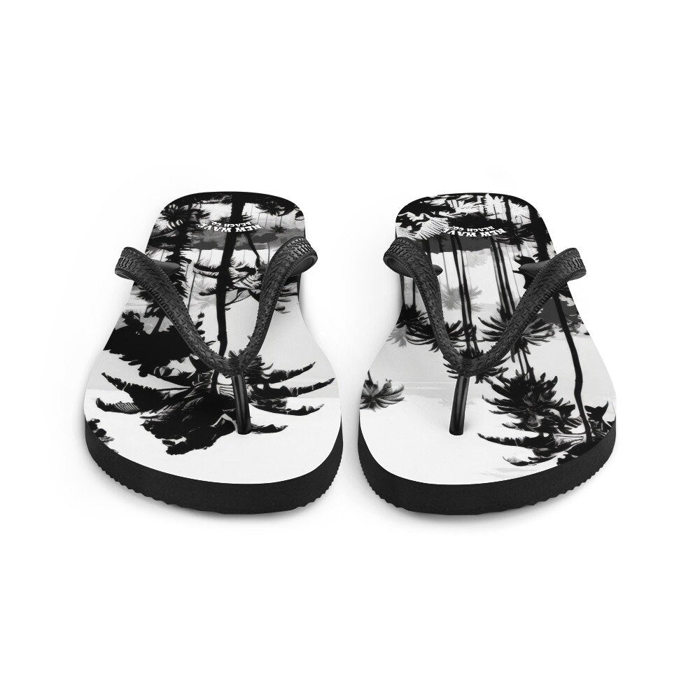 hippieartzone - Black White Inky Faded Photo Island Palm Tree Flip Flops 