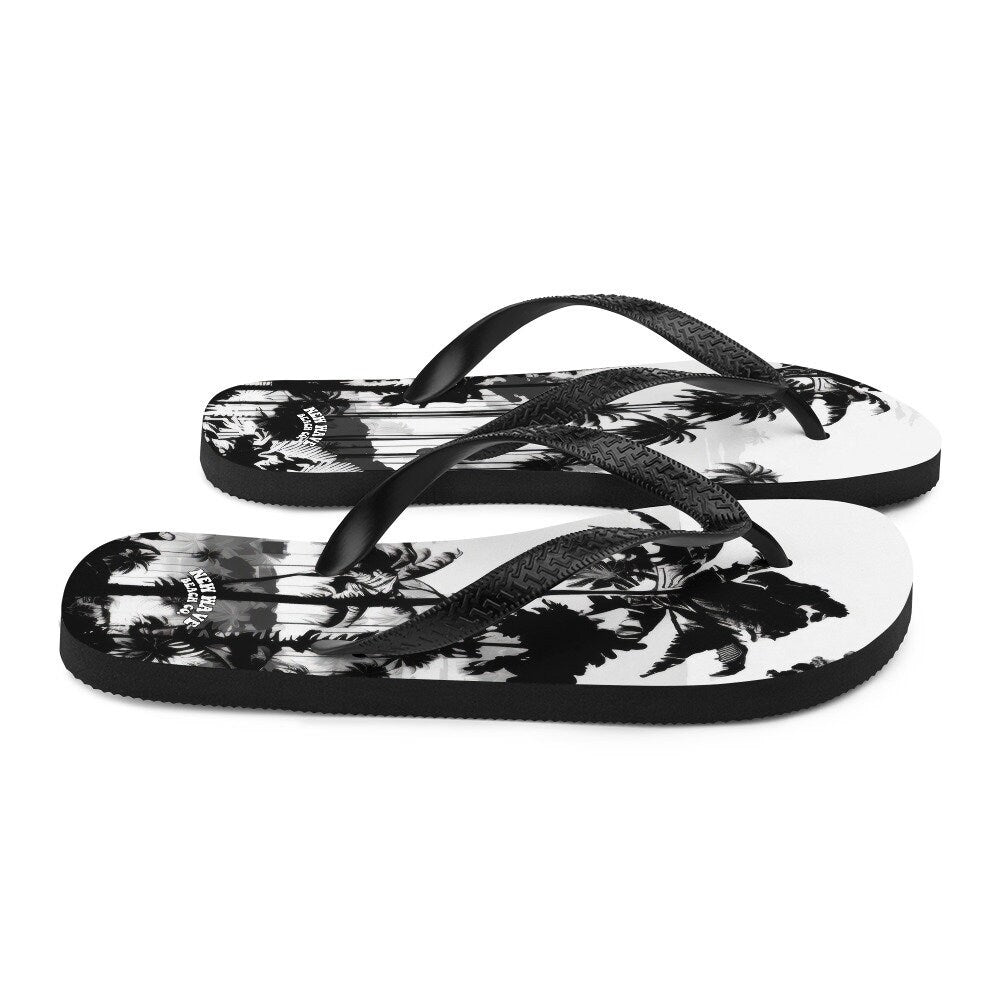 hippieartzone - Black White Inky Faded Photo Island Palm Tree Flip Flops 