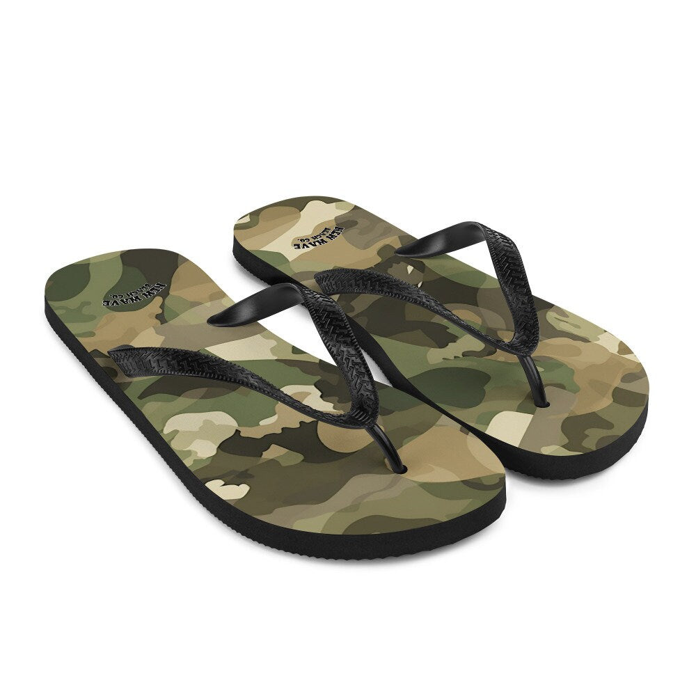 hippieartzone - Green and Brown Camo Camouflage Print Flip Flops Colorful 