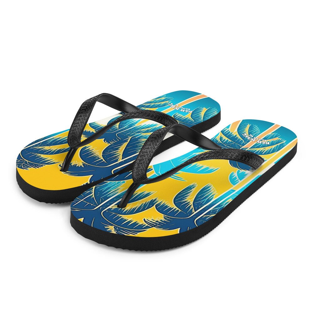 hippieartzone - Retro Yellow Blue Tropical Palm Trees Flip Flops Colorful 