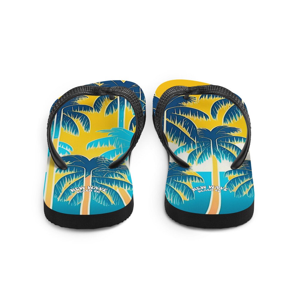 hippieartzone - Retro Yellow Blue Tropical Palm Trees Flip Flops Colorful 