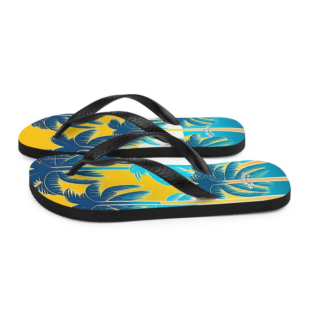 hippieartzone - Retro Yellow Blue Tropical Palm Trees Flip Flops Colorful 