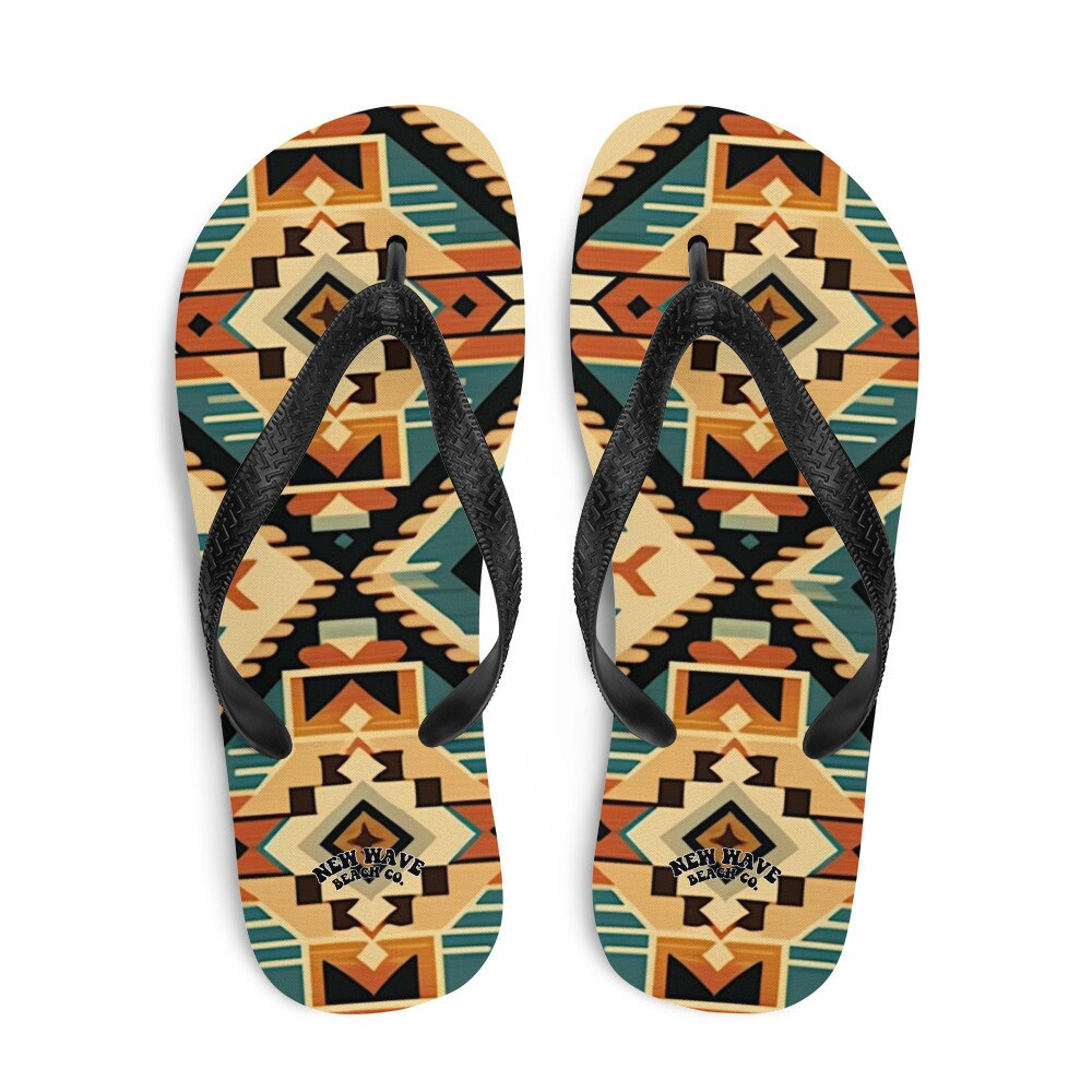 hippieartzone - Retro Kilim Black Blue Orange Flip Flops Colorful 