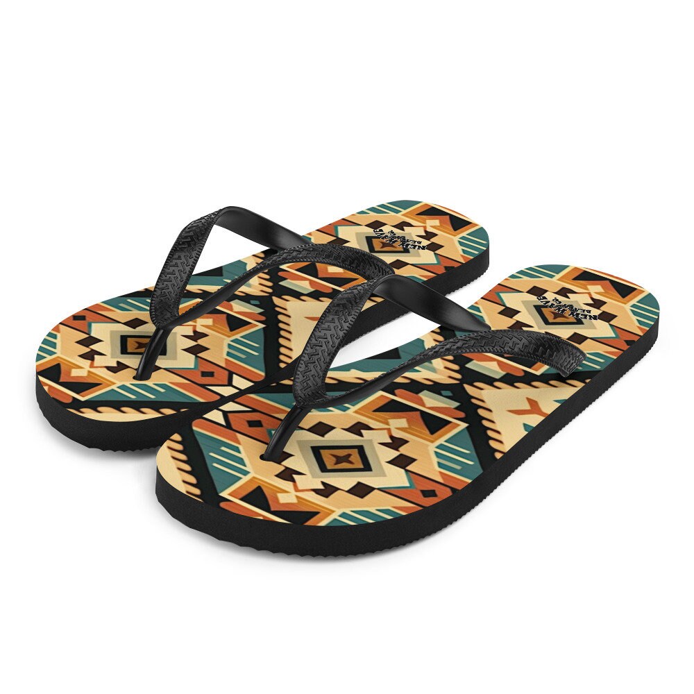 hippieartzone - Retro Kilim Black Blue Orange Flip Flops Colorful 