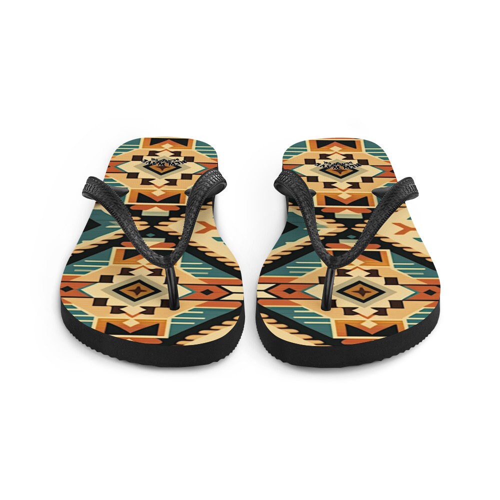 hippieartzone - Retro Kilim Black Blue Orange Flip Flops Colorful 