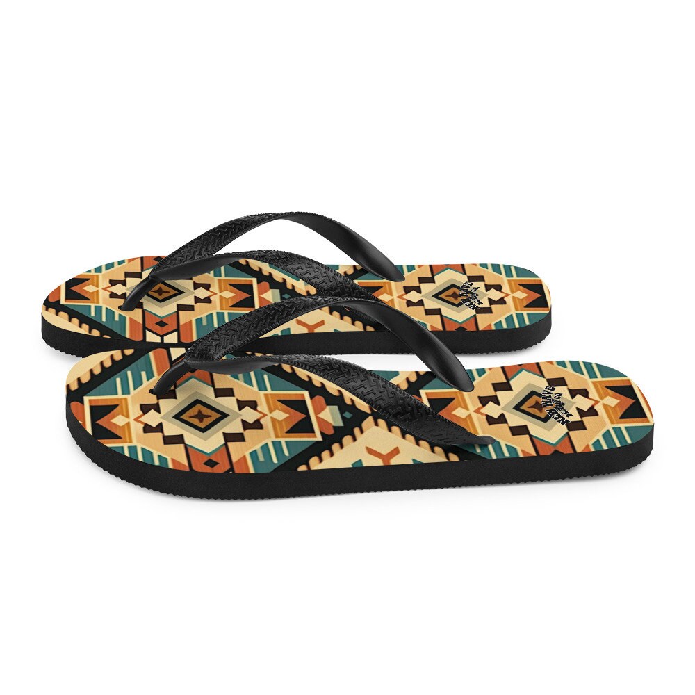 hippieartzone - Retro Kilim Black Blue Orange Flip Flops Colorful 