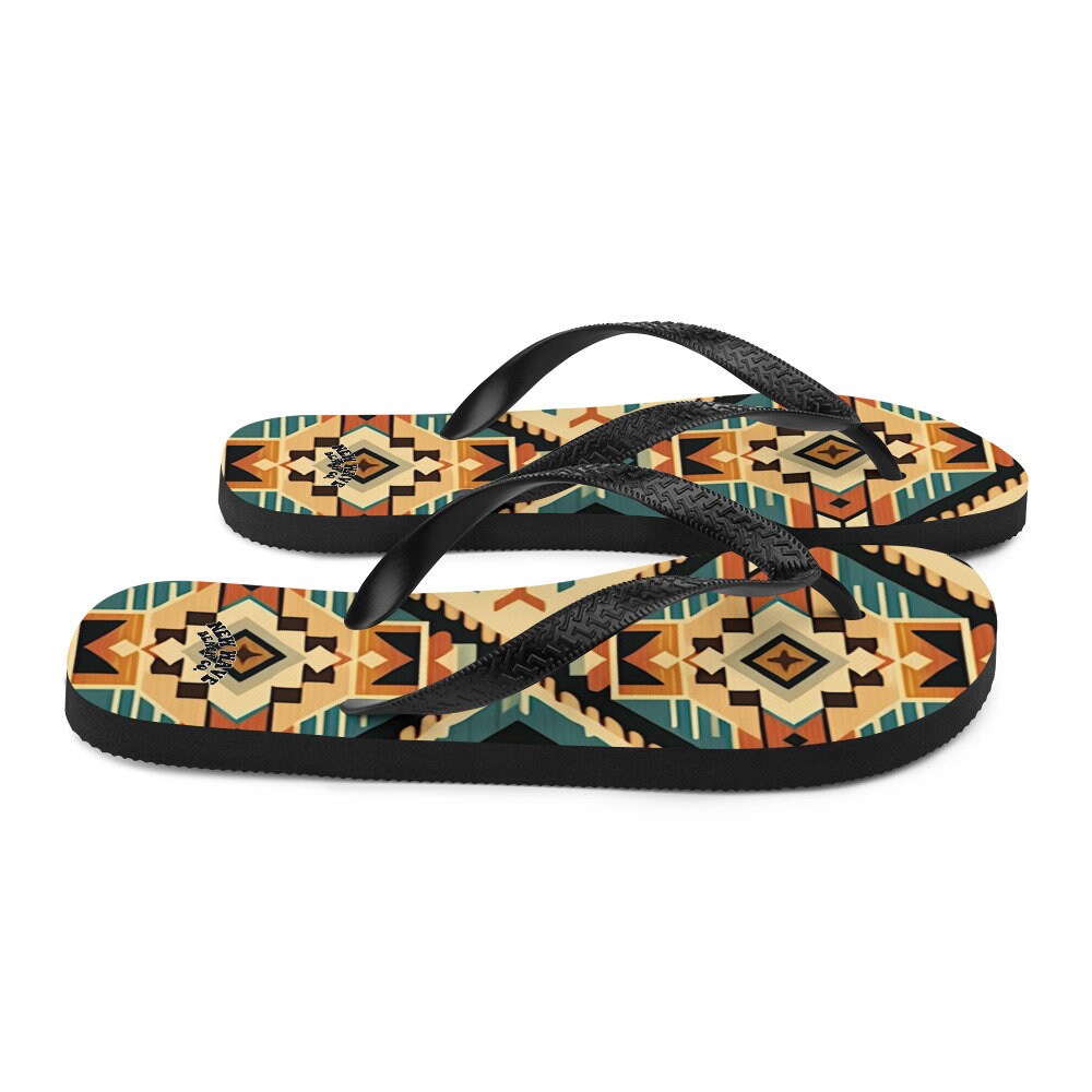 hippieartzone - Retro Kilim Black Blue Orange Flip Flops Colorful 