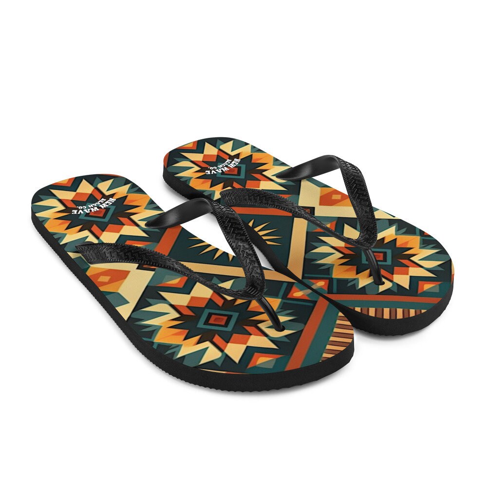 hippieartzone - Retro Kilim Yellow Green Orange Flip Flops Colorful 