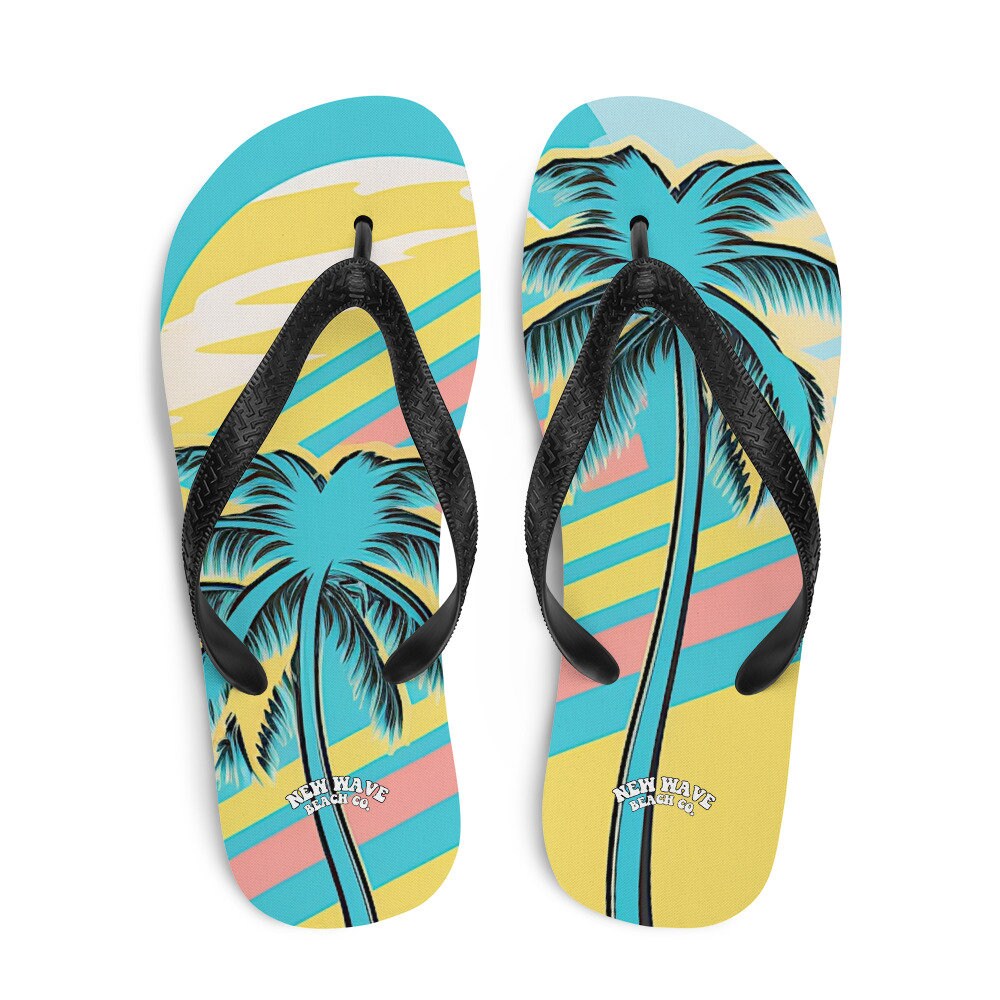 hippieartzone - Retro Yellow Blue Faded Palm Tree Flip Flops Colorful 