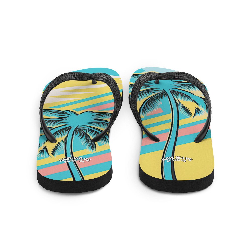 hippieartzone - Retro Yellow Blue Faded Palm Tree Flip Flops Colorful 