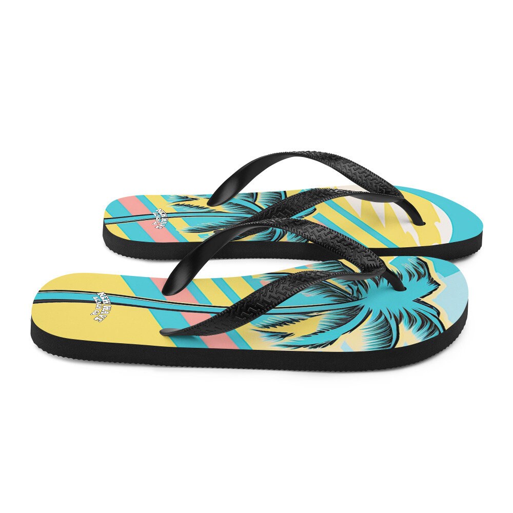 hippieartzone - Retro Yellow Blue Faded Palm Tree Flip Flops Colorful 