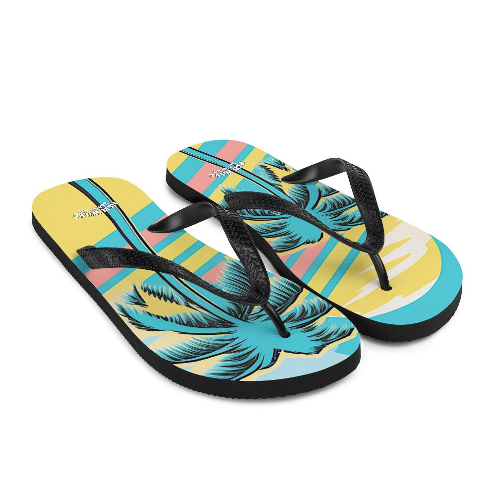 hippieartzone - Retro Yellow Blue Faded Palm Tree Flip Flops Colorful 