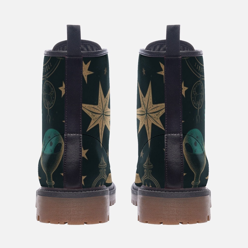 Hippie Art Zone - Witchy Symbols Green Vegan Combat Boots