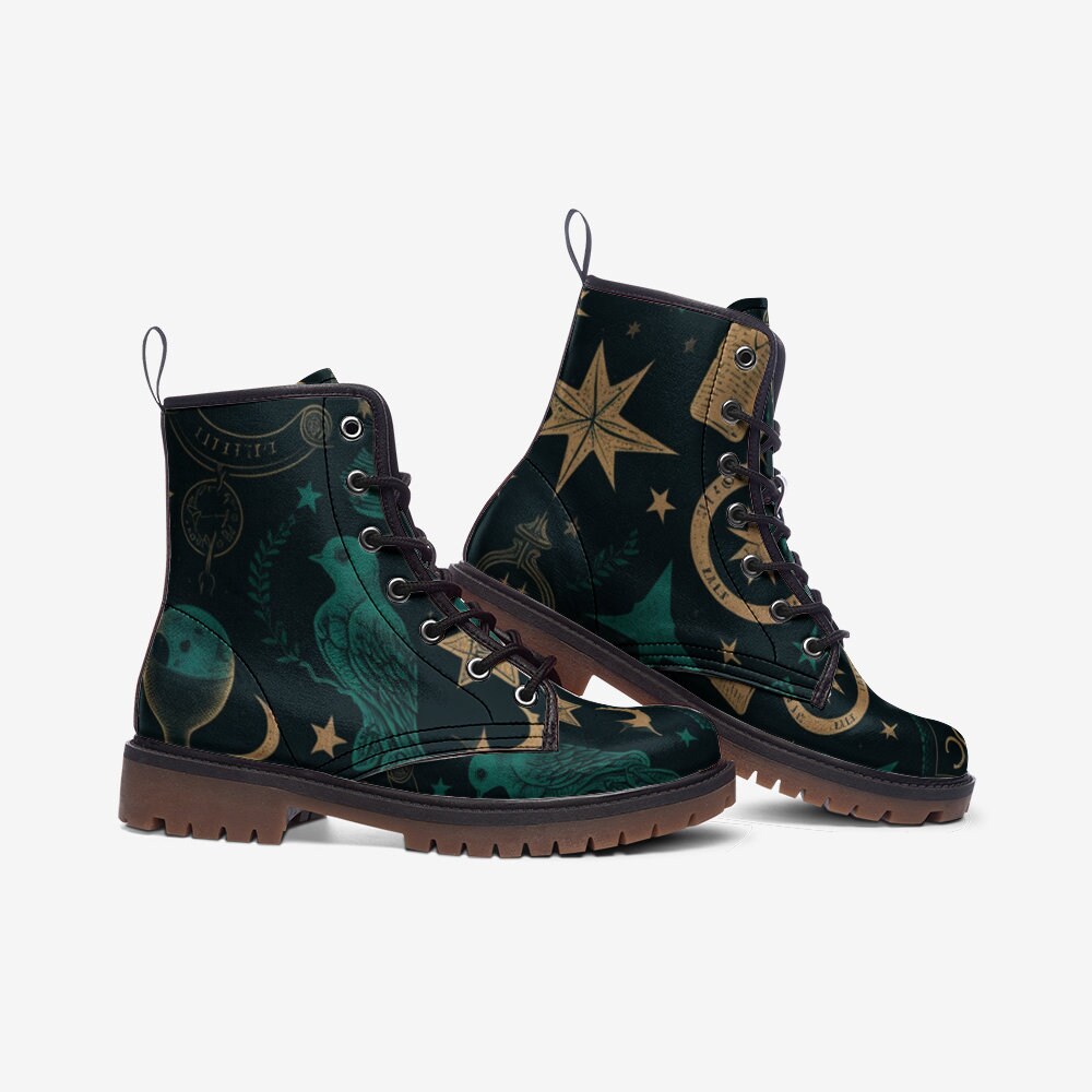 Hippie Art Zone - Witchy Symbols Green Vegan Combat Boots