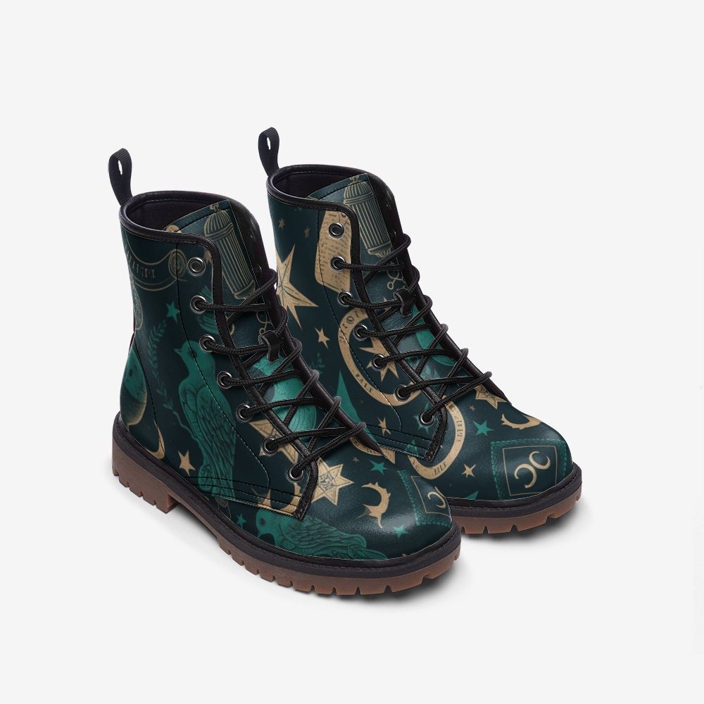 Hippie Art Zone - Witchy Symbols Green Vegan Combat Boots