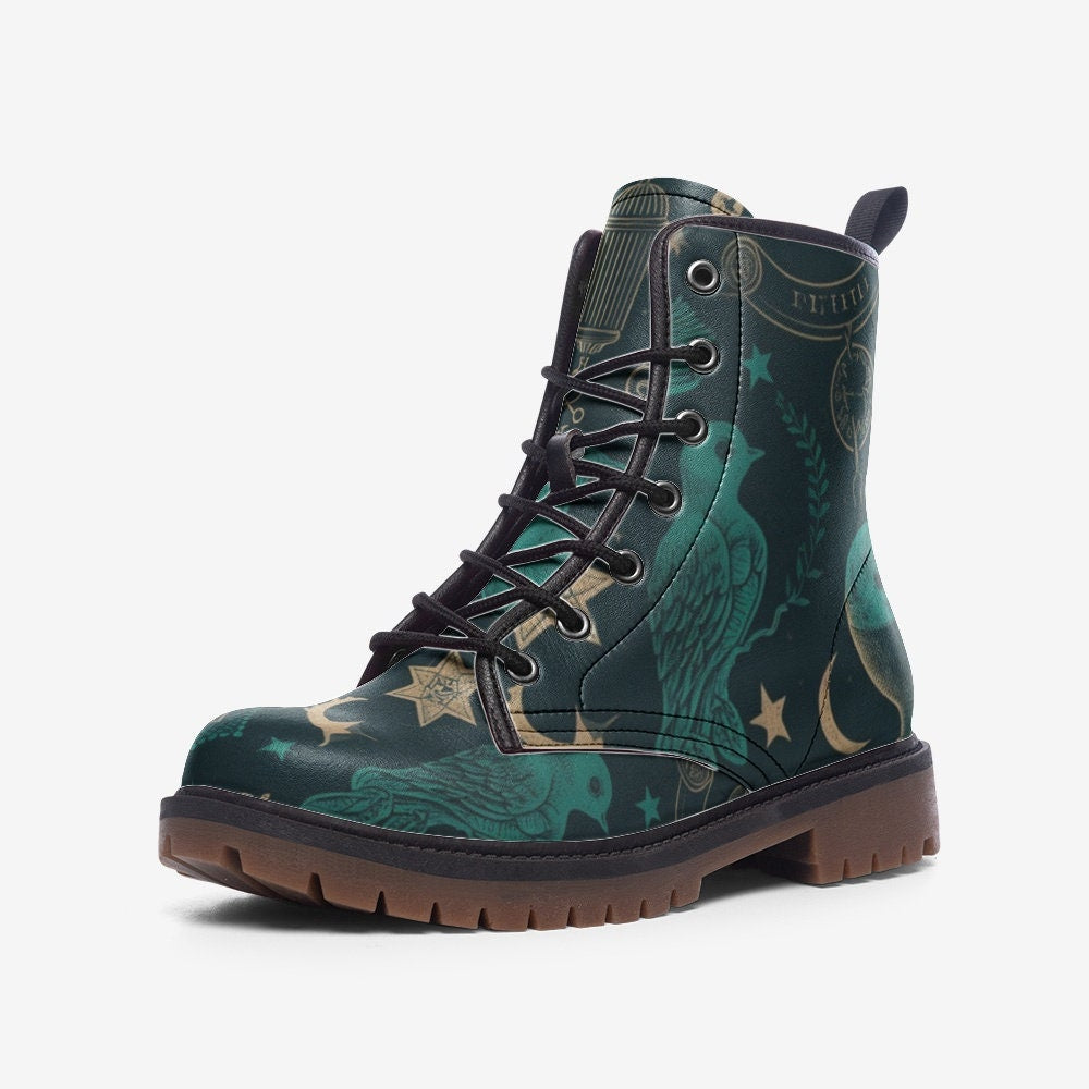 Hippie Art Zone - Witchy Symbols Green Vegan Combat Boots