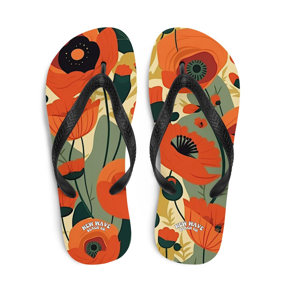 hippieartzone - Retro Orange Vintage Art Poppy Flowers Flip Flops Colorful 