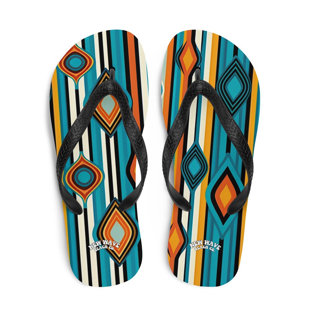 hippieartzone - Retro Yellow Blue Orange Striped Flip Flops Colorful 