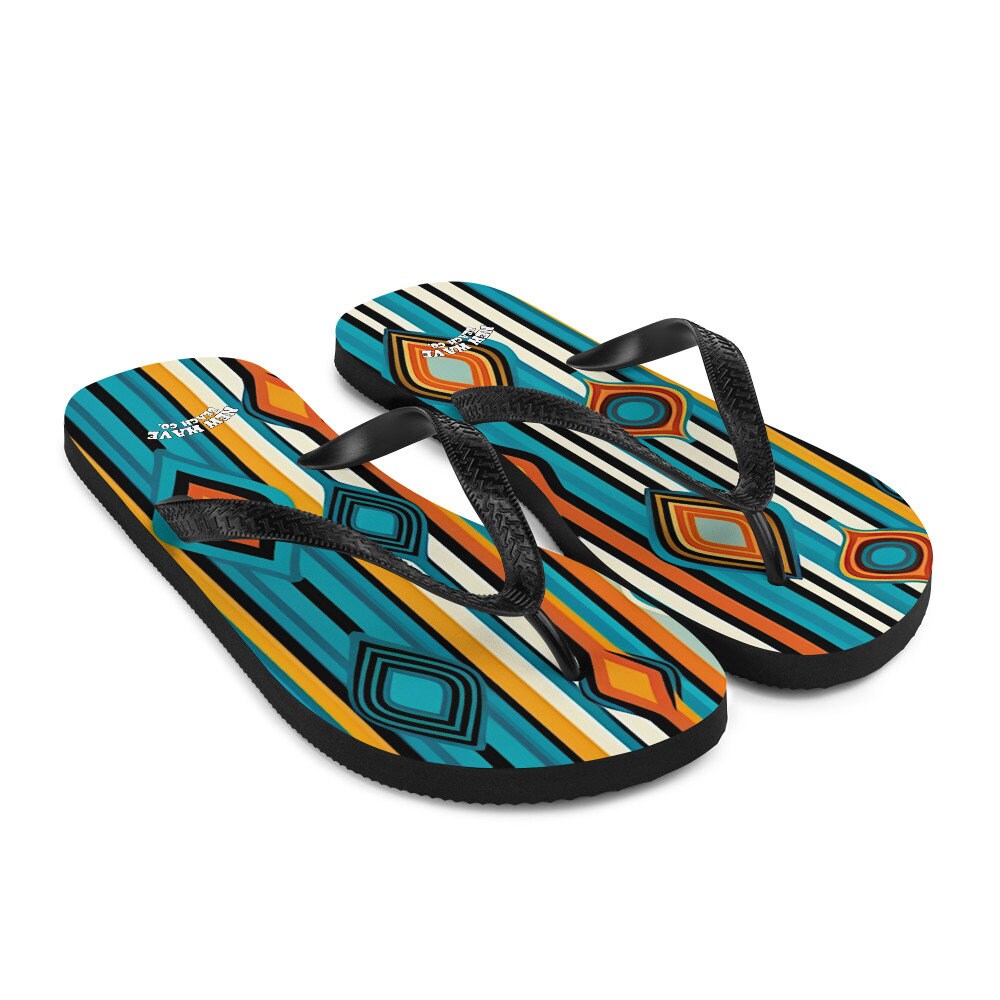 hippieartzone - Retro Yellow Blue Orange Striped Flip Flops Colorful 