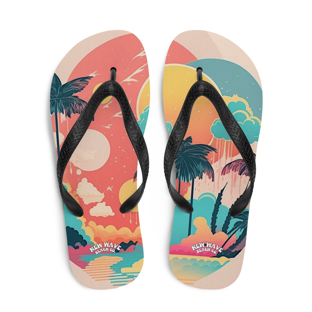 hippieartzone - Pink Faded Retro Tropical Beach Palms Flip Flops Colorful 