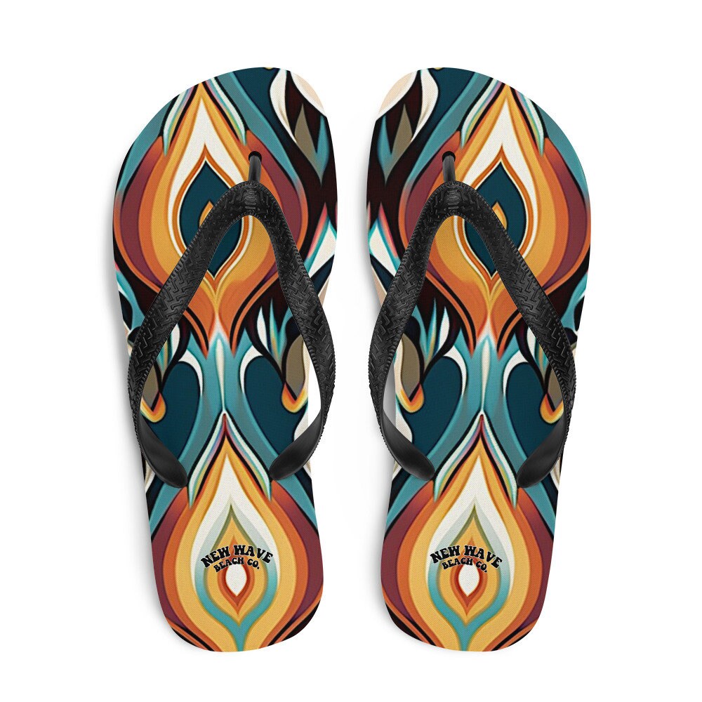 hippieartzone - Retro Ikat Yellow Blue Orange Flip Flops Colorful 