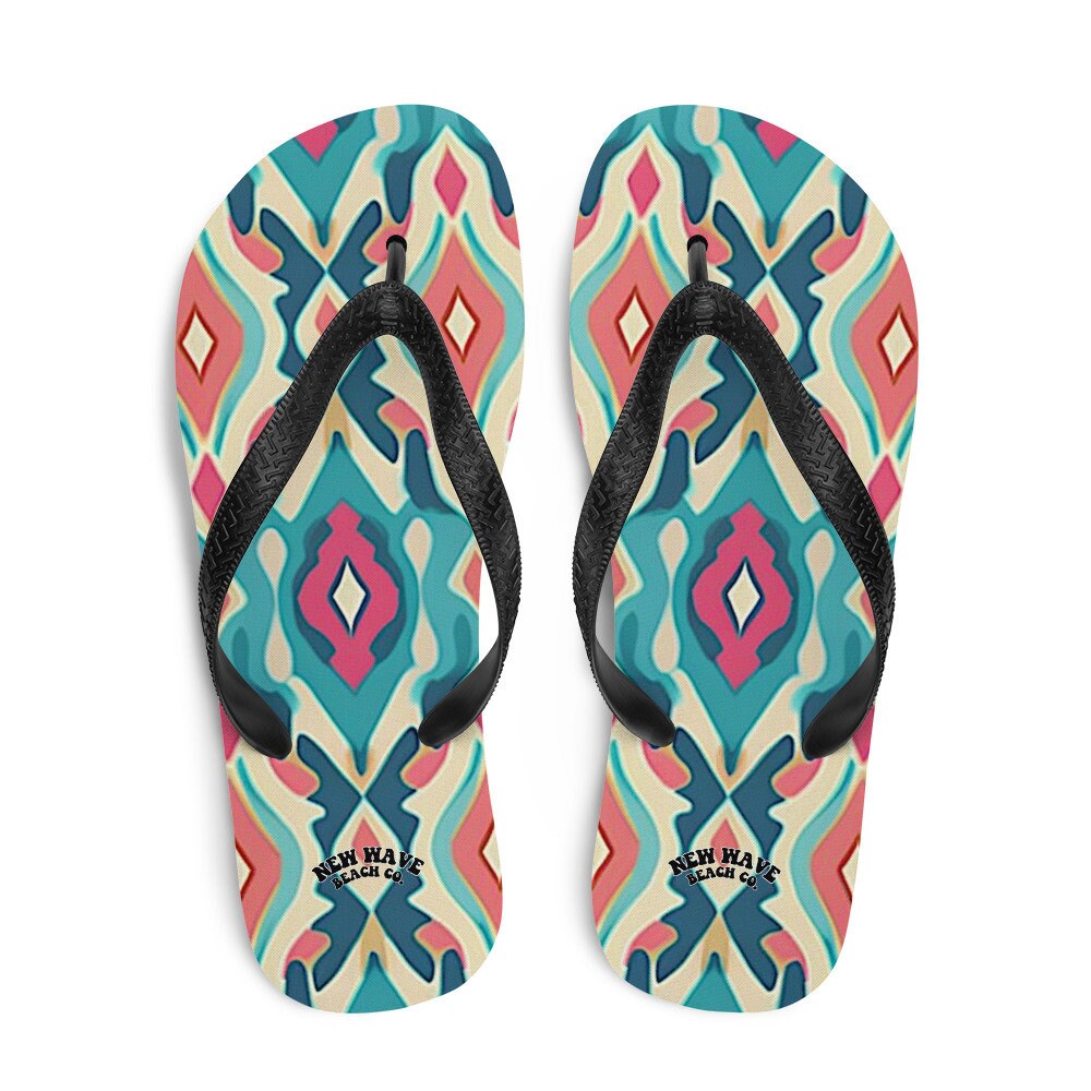 hippieartzone - Retro Ikat Pink Blue Flip Flops Colorful 