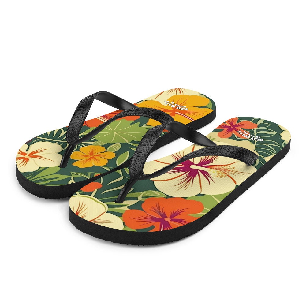 hippieartzone - Vintage Tropical Hawaiian Flower Flip Flops Exotic Comfortable Footwear Thong Sandals Summer Woman Men Beach Print Rubber Slip On Shoes